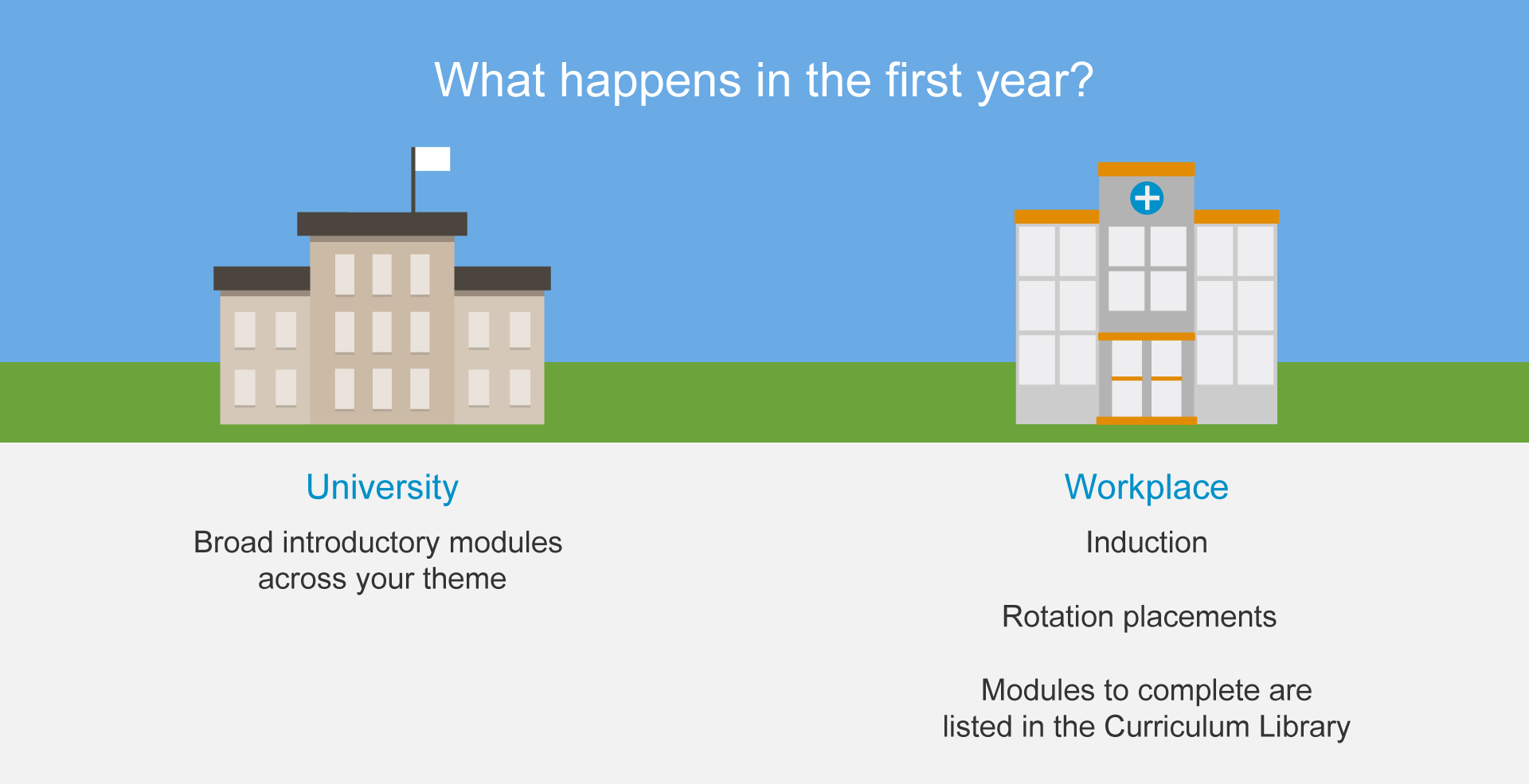STP What happens in the first year? Graphic showing STP trainees what happens in the first year of the programme